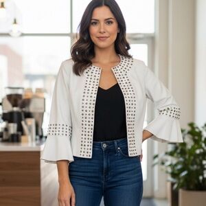 Cache Vintage 90’s Studded Leather Jacket in White size 2 EUC